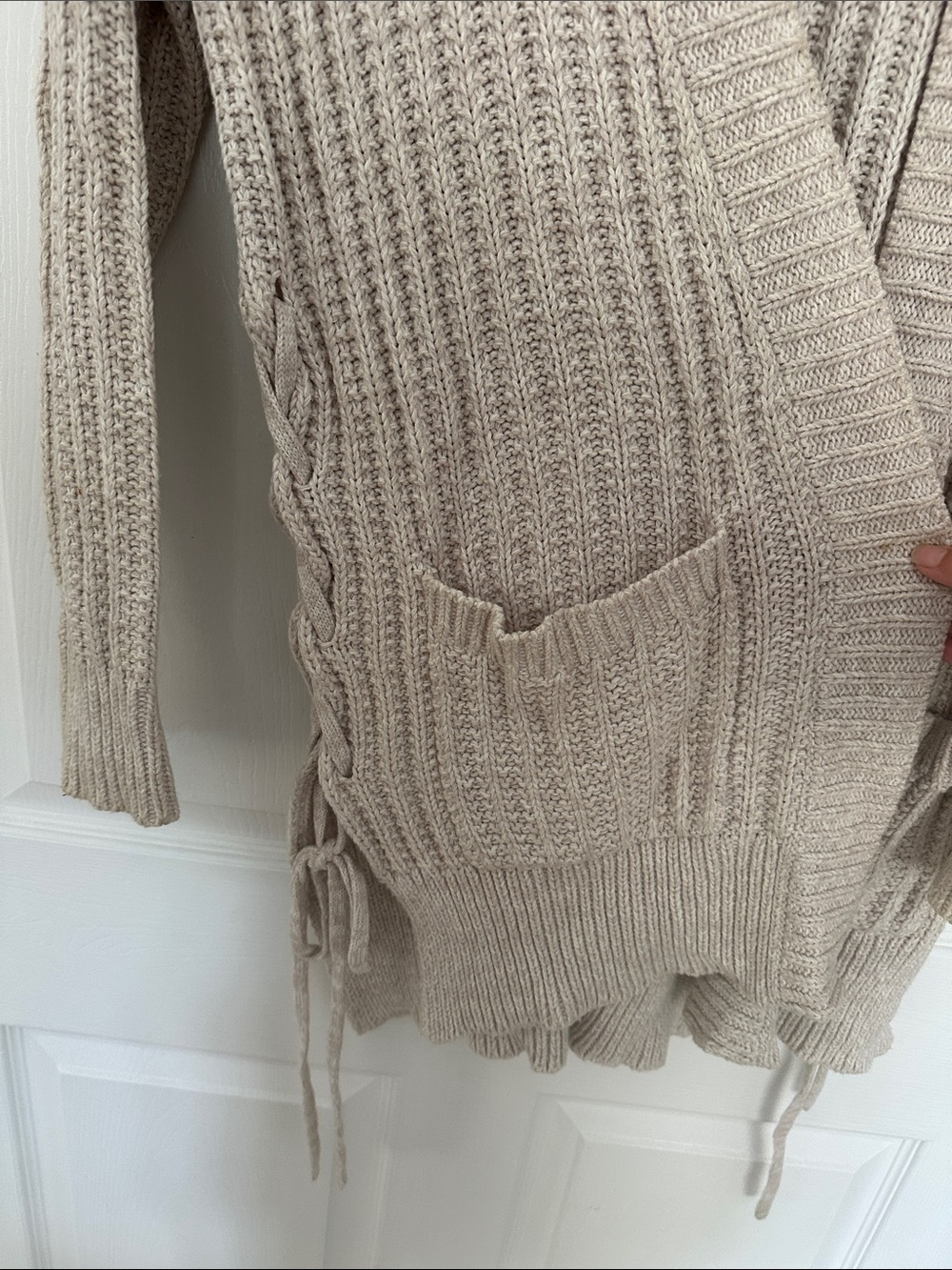 Express Light Beige Open-Front Ribbed Cardigan - Picture 3 of 4